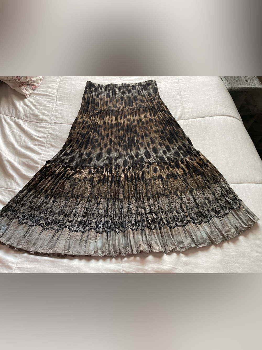 Y2K Pull On Leopard Lace Print Tiered Pleated Maxi Skirt 6 Boho Chic Goddess